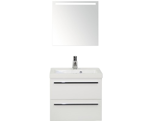 Badmöbel-Set Sanox Seville BxHxT 60 x 170 x 46 cm Frontfarbe weiß hochglanz mit Waschtisch Mineralguss weiß und Waschtischunterschrank Waschtisch Spiegel mit LED-Beleuchtung-0