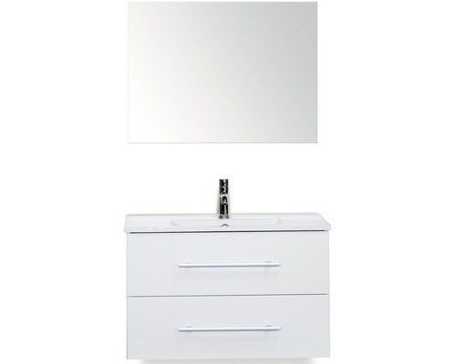 Badmöbel-Set Sanox Stretto BxHxT 81 x 170 x 39 cm Frontfarbe weiß hochglanz mit Waschtisch Keramik weiß und Waschtischunterschrank Waschtisch Spiegel-0